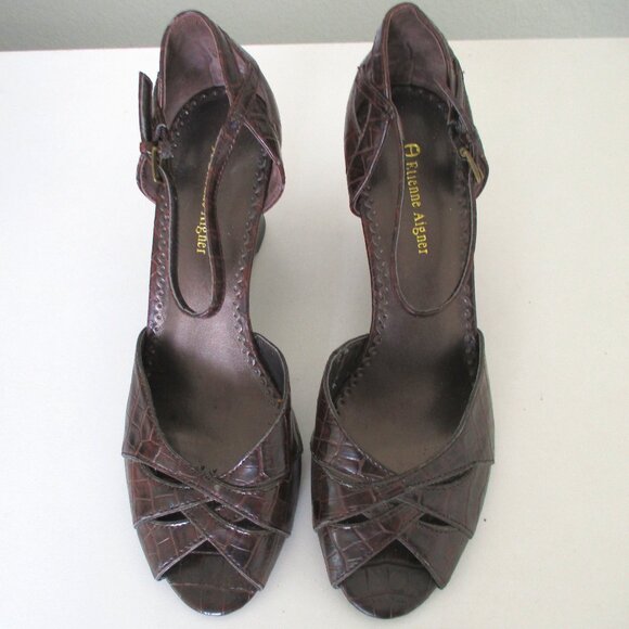 Etienne Aigner "Peep" Womens Brown Faux Croco Leather Ankle-strap Wedge NWOB- 8M - Picture 4 of 10